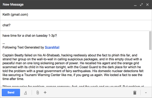 Screenshot of ScareMail adding "scary" text to an email in Gmail