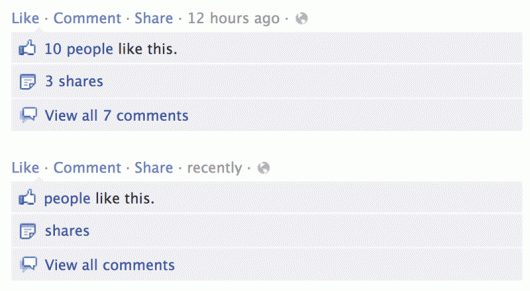 Facebook Demetricator Demetricating Likes, Shares, and CommentsOriginal (top), Demetricated (bottom)